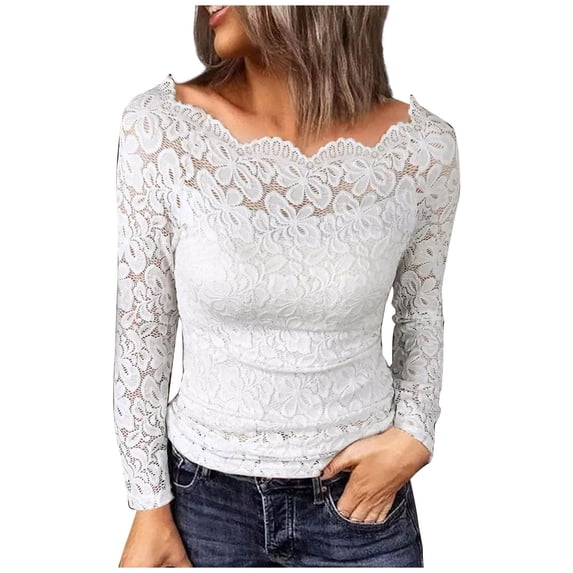 Jalioing Long Sleeve Blouse for Women Lace Round Neck Solid Color Slim Dressy Pullover Elegant Top (Small, White)
