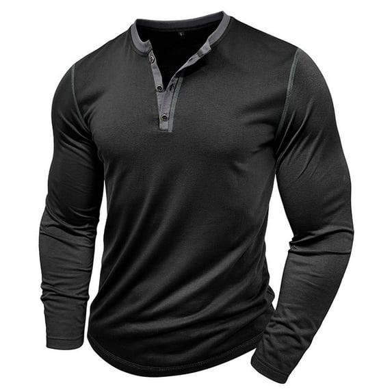 Jalioing Long Sleeve Casual Shirt for Men Cotton Crew Neck Button T Shirt Solid Color Basic Loose Pullover Tee