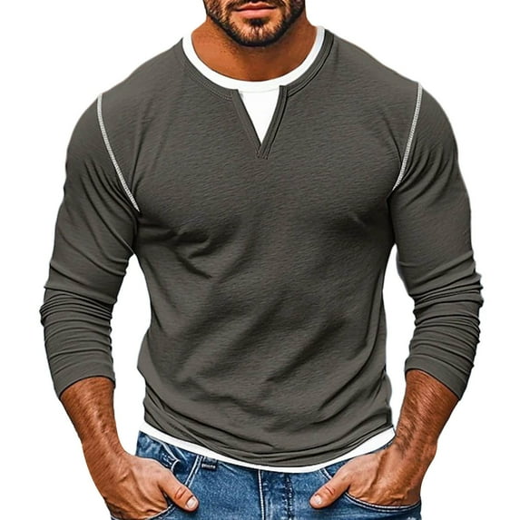 Jalioing Long Sleeve Casual T Shirt for Men V Neck Solid Color Basic Tee Shirts Fall Classic Fashion Tops