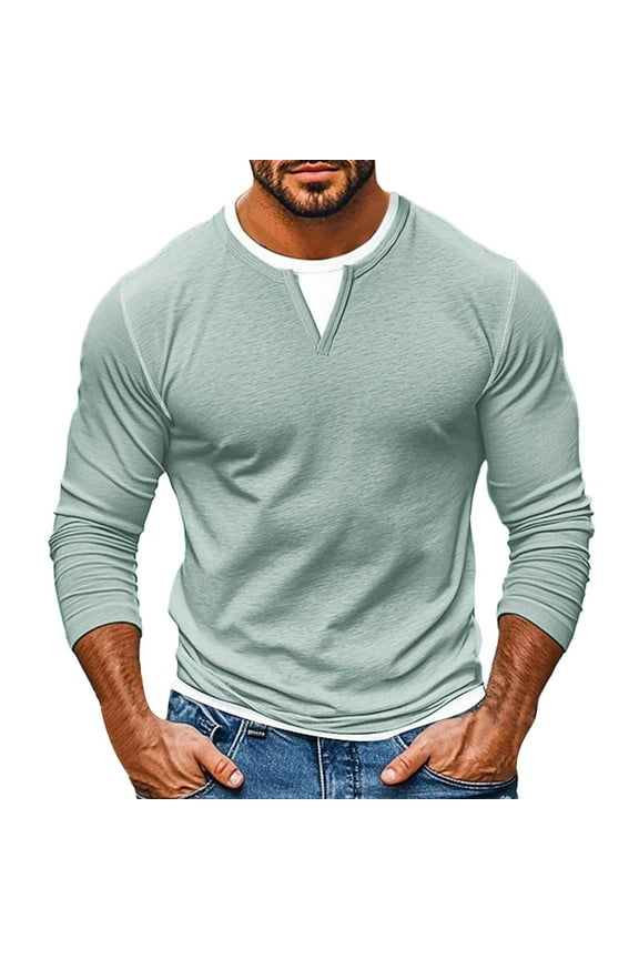 Long Sleeve Casual T Shirt for Men V Neck Solid Color Basic Tee Shirts Fall Classic Fashion Tops
