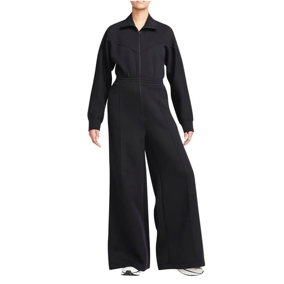 Jalioing Long Sleeve Jumpsuits for Women Zipper Lapel Rompers Solid Color Straight Wide Leg Sweat Bodysuits (X-Large, Black)