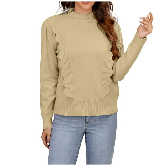 Jalioing Long Sleeve Knitted Sweater for Women Crewneck Pullover Dressy Loose Lounge Outfits (Small, Beige)