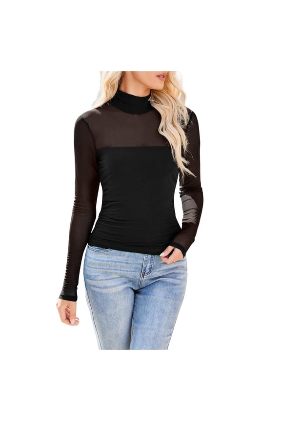 Long Sleeve Mock Neck Shirts for Women Slim Fashion Patchwork Mesh Tops Fall Trendy Basic Tunic Tees