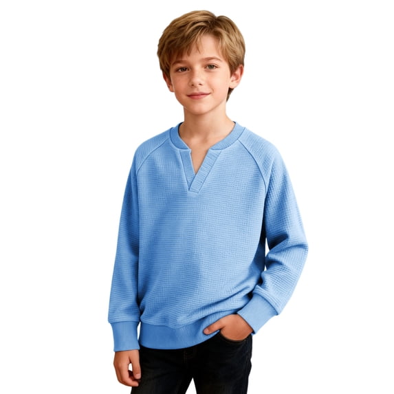 Jalioing Long Sleeve Shirt for Boys Casual Dropped Shoulder V Neck Texture Tops Kids Teens Plain Shirts 4-14 Years