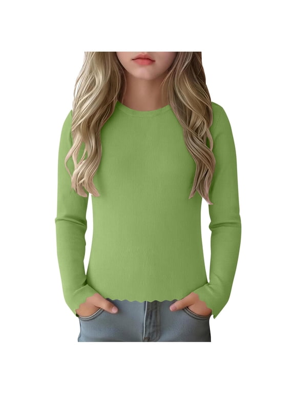 Long Sleeve Shirts for Big Girls Ruffle Trim Crew Neck Ribbed Knit T Shirts Kids Teens Plain Undershirt Tops