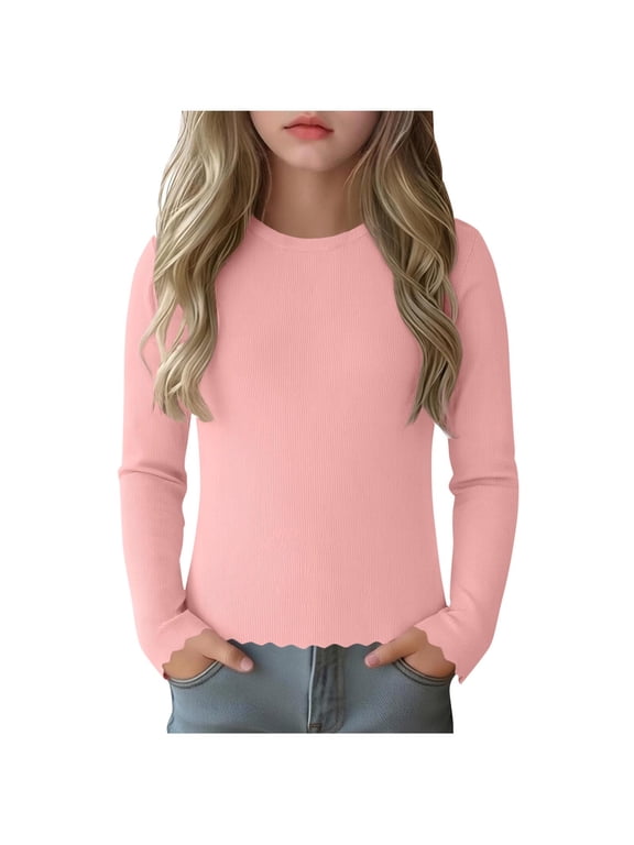 Long Sleeve Shirts for Big Girls Ruffle Trim Crew Neck Ribbed Knit T Shirts Kids Teens Plain Undershirt Tops