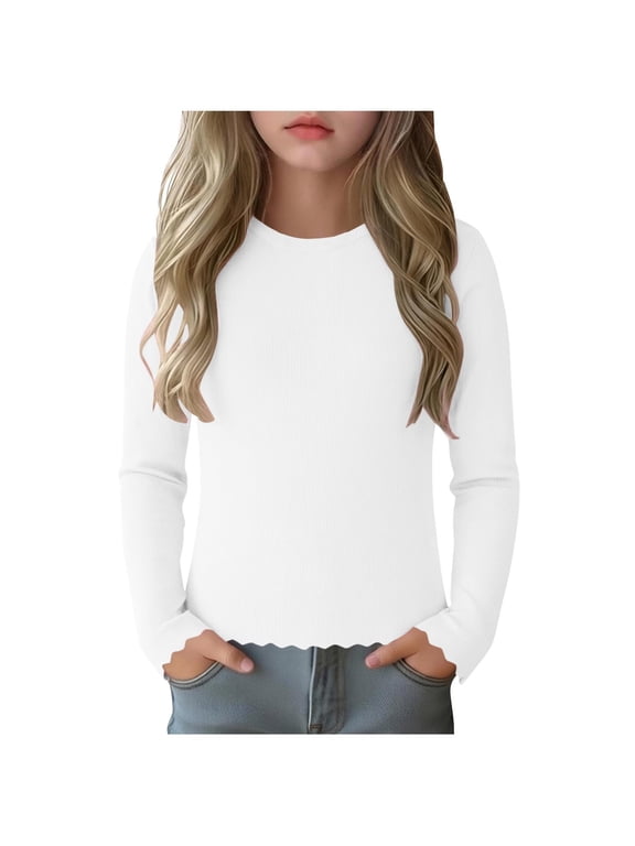 Long Sleeve Shirts for Big Girls Ruffle Trim Crew Neck Ribbed Knit T Shirts Kids Teens Plain Undershirt Tops