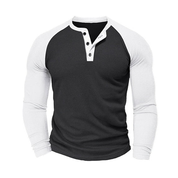 Jalioing Long Sleeve Shirts for Men Casual Color Block Crew Neck Button T Shirt Fashion Basic Texture Tops