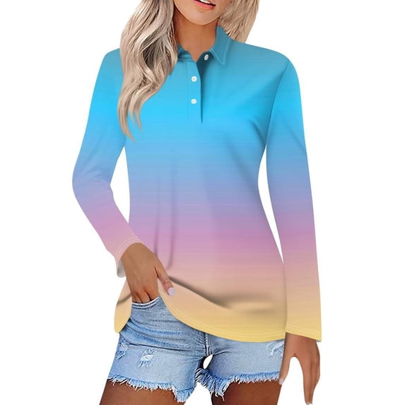 Jalioing Long Sleeve Shirts for Women Dressy Fashion Collared Button Tops Fall Casual Gradient Golf Shirts