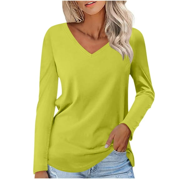 Jalioing Long Sleeve Shirts for Women Fall Dressy Casual V Neck Blouses Solid Color Trendy Basic Tops Outfits
