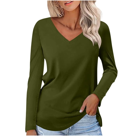 Jalioing Long Sleeve Shirts for Women Fall Dressy Casual V Neck Blouses Solid Color Trendy Basic Tops Outfits