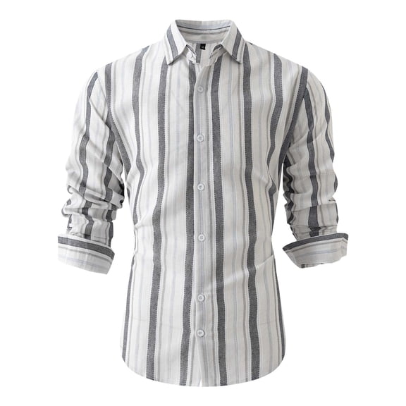 Jalioing Long Sleeve Striped Shirts for Men Slim Button Down Stylish Shirt Dressy Casual Cotton Linen Work Shirts