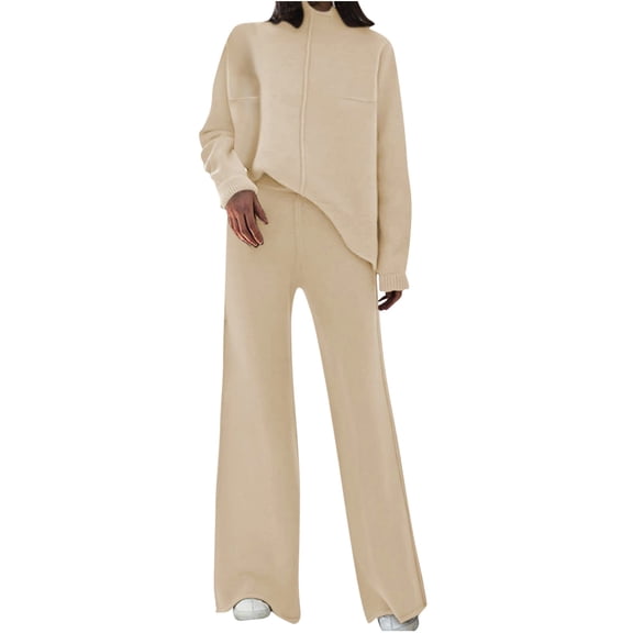 Jalioing Long Sleeve Sweater Set for Women Pullover Loungewear Ribbed Hem Top Bootcut Wide Leg Pants Dressy Suits (Large, Beige)