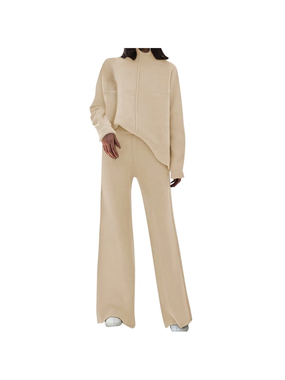 Long Sleeve Sweater Set for Women Pullover Loungewear Ribbed Hem Top Bootcut Wide Leg Pants Dressy Suits (Large, Beige)