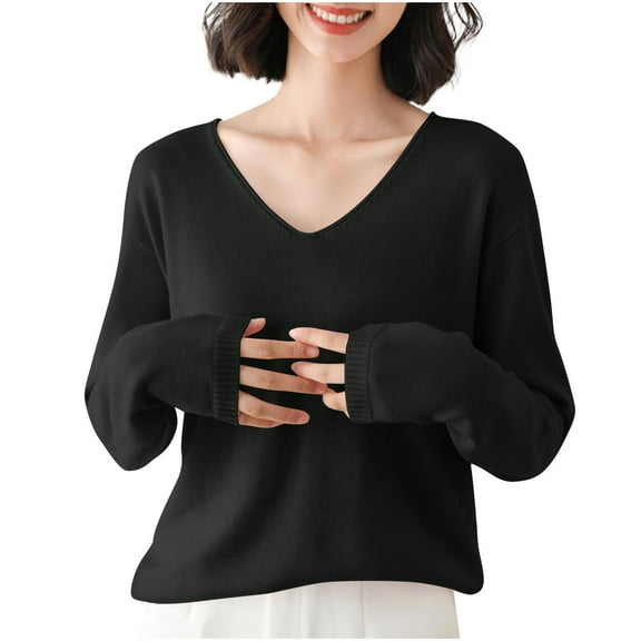 Jalioing Long Sleeve Sweaters for Women Casual Loose V Neck Knitted Tops Fall Winter Fashion Basic Sweater Shirts
