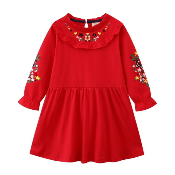 Jalioing Long Sleeved Dress for Girls Button Lapel Long Sleeve Ruched Waist Floral Print Cute Dresses (2-3 Years, Red)