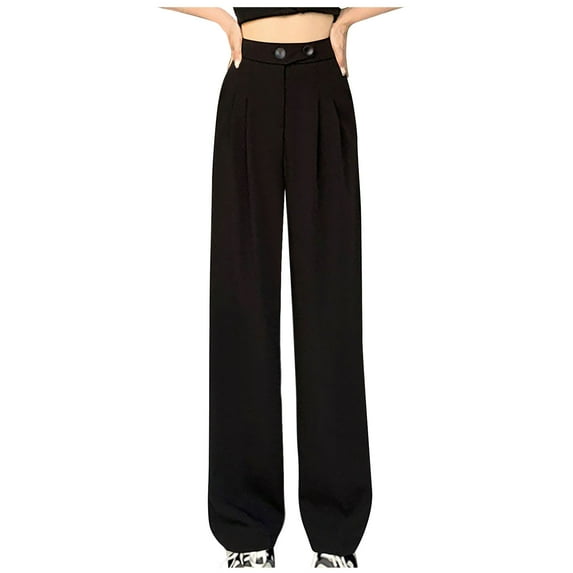 Jalioing Long Straight Suit Pants for Women Pleated High Waist Wide Dropped Leg Solid Color Dressy Trousers (Medium, Black)