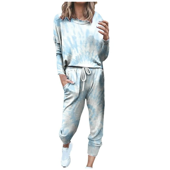 Jalioing Lounge Sets for Women Tie-Dye Sweatsuit Outfits Crew Neck Top with Loose Cinch Bottom Pant Casual Set (3X-Large, Light Blue)
