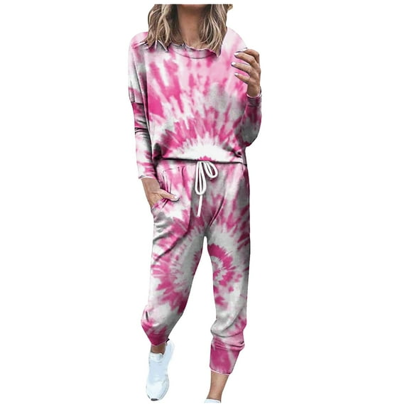 Jalioing Lounge Sets for Women Tie-Dye Sweatsuit Outfits Crew Neck Top with Loose Cinch Bottom Pant Casual Set (3X-Large, Red)