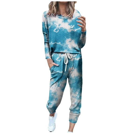 Jalioing Lounge Sets for Women Tie-Dye Sweatsuit Outfits Crew Neck Top with Loose Cinch Bottom Pant Casual Set (XX-Large, Blue)