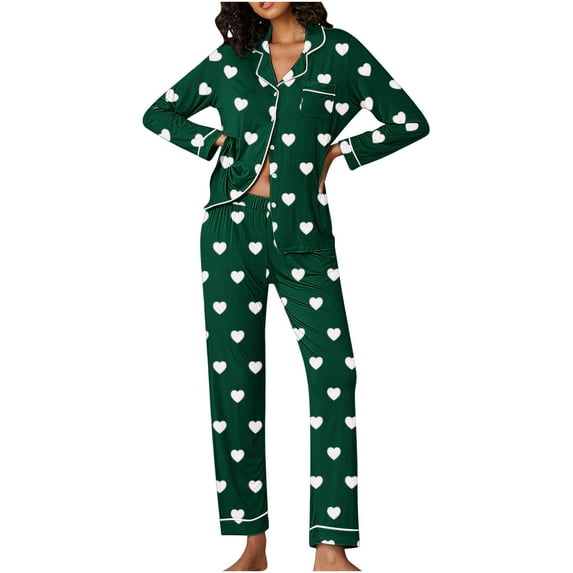 Jalioing Loungewear Pjs Set for Women Plus Size Nightwear Outfits Heart Print Button Lapel Shirt with Pants