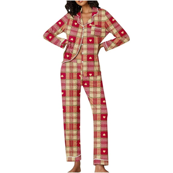 Jalioing Loungewear Pjs Set for Women Plus Size Nightwear Outfits Heart Print Button Lapel Shirt with Pants