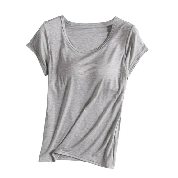 Jalioing Loungewear Shirt for Women Plus Size Crop Top Built in Bra Short Sleeve Crew Neck Nightwear T-Shirt