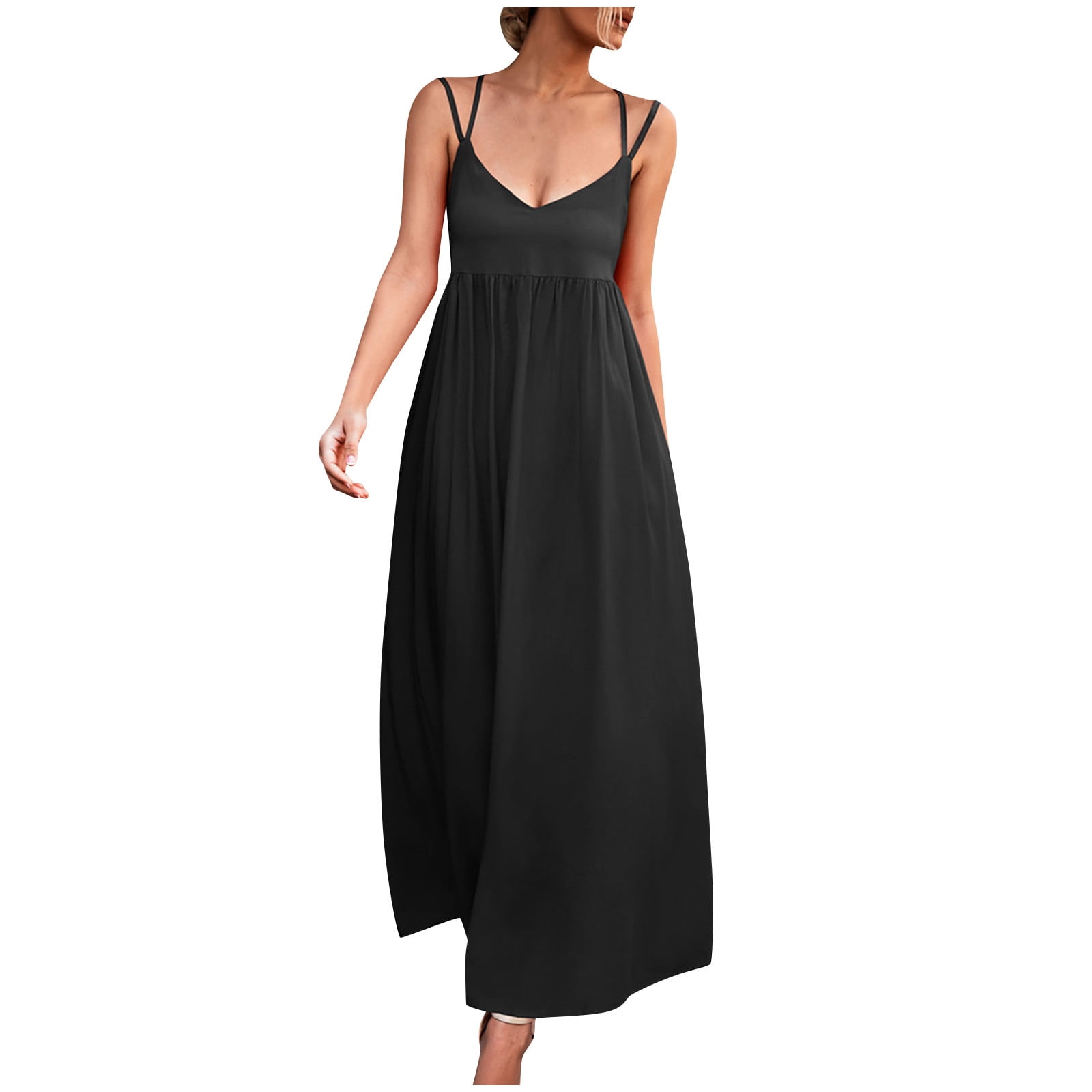 Jalioing Maxi Dresses for Women Double Spaghetti Strap Dress Empire Waist  V-Neck Flowy Dress - Walmart Business Supplies