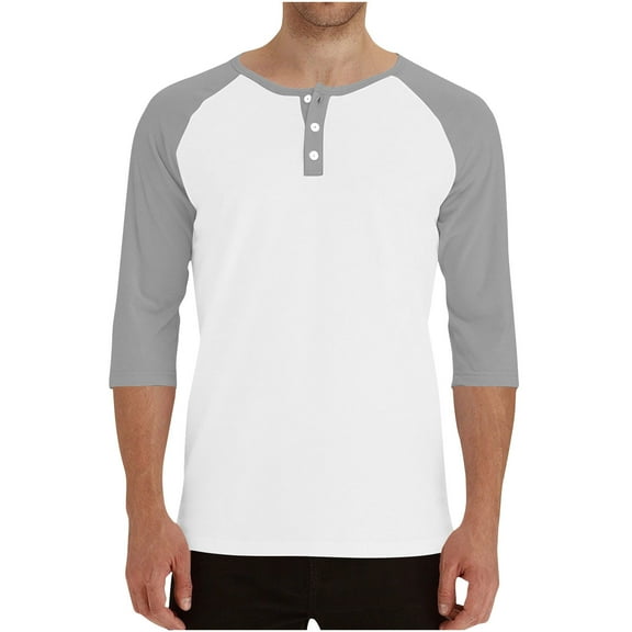 Jalioing Men's 3/4 Sleeve T Shirt Button Crew Neck Basic Shirts Classic Color Block Fall Casual Tees Tops