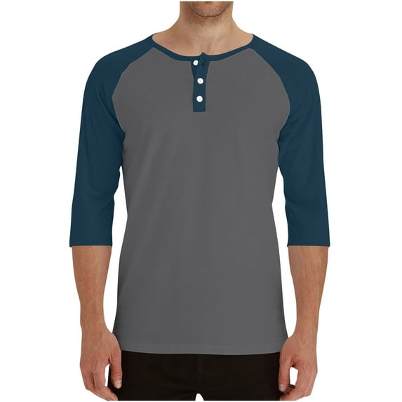 Jalioing Men's 3/4 Sleeve T Shirt Button Crew Neck Basic Shirts Classic Color Block Fall Casual Tees Tops
