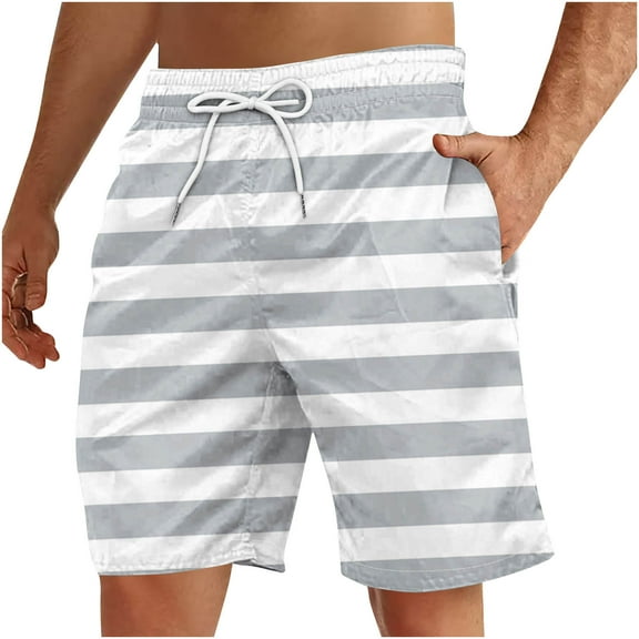 Jalioing Men's Beach Shorts Lightweight Elastic Waist Drawstring Striped Shorts Summer Casual Shorts with Pocket