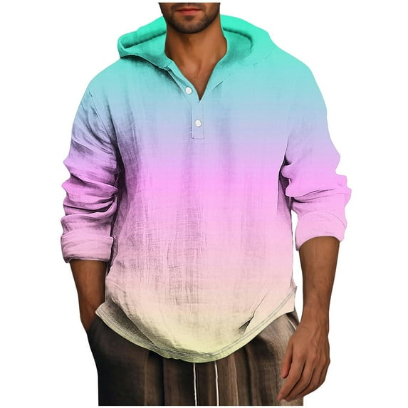 Jalioing Men's Big and Tall Hoodie Long Sleeve Button Pullover Top Gradient Color Printed Shirt for Men