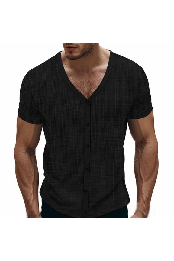 Men's Button Down Casual Shirts Short Sleeve V Neck Collarless Shirts Breathable Summer Texture Tops