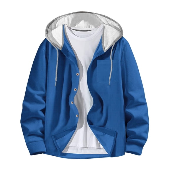 Jalioing Men's Button Down Jacket Solid Color Long Sleeve Casual Athletic Drawstring Hooded Jacket with Pocket