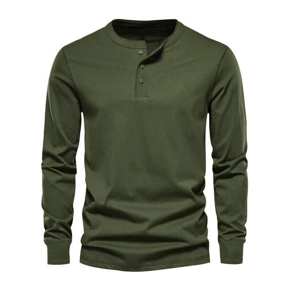 Jalioing Men's Casual Long Sleeve Shirt Solid Color Button Crew Neck Basic Tee Shirt Loose Fashion Work Tops