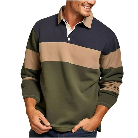 Jalioing Men's Casual Long Sleeve Shirt Vintage Fashion Color Block Golf Shirt Loose Button Collared Tops