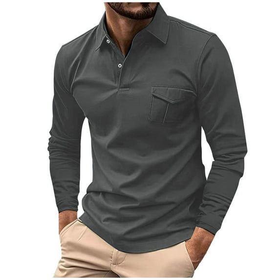 Jalioing Men's Fall Tops Classic Solid Long Sleeve Golf Shirt Dressy Fashion Collared Button Shirts with Pocket