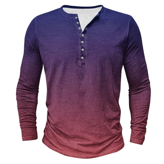 Jalioing Men's Gradient Shirts Loose Long Sleeve Crew Neck Button T Shirt Spring Summer Casual Pullover Shirts