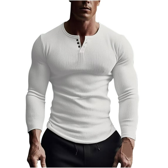 Jalioing Men's Long Sleeve Athletic Shirt Ribbed Stretchy V Neck Workout T Shirt Casual Solid Muscle Tee