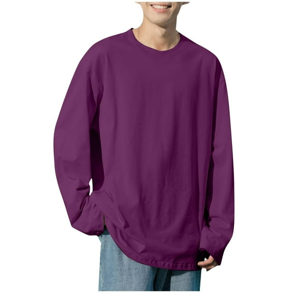 Jalioing Men's Long Sleeve Pullover Tee Loose Crew Neck Solid Color T Shirt Casual Basic Cotton Tee Shirts