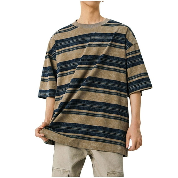 Jalioing Men's Striped Short Sleeve T Shirt Vintage Casual Crew Neck Loose Tees Tops Summer Shirts Streetwear
