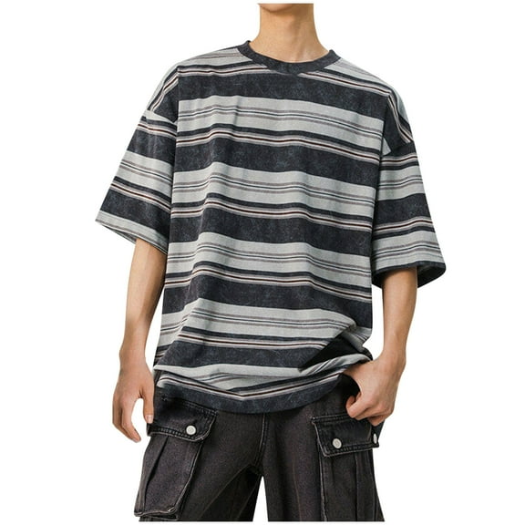 Jalioing Men's Striped Short Sleeve T Shirt Vintage Casual Crew Neck Loose Tees Tops Summer Shirts Streetwear