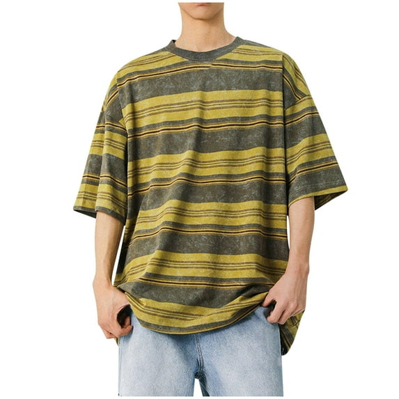 Jalioing Men's Striped Short Sleeve T Shirt Vintage Casual Crew Neck Loose Tees Tops Summer Shirts Streetwear