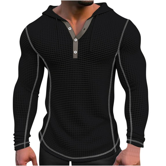 Jalioing Men's Vintage Hooded Pullover Top Gym Long Sleeve Hoodies Tops Quarter Button V-Neck Slim Shirt (Large, Black)