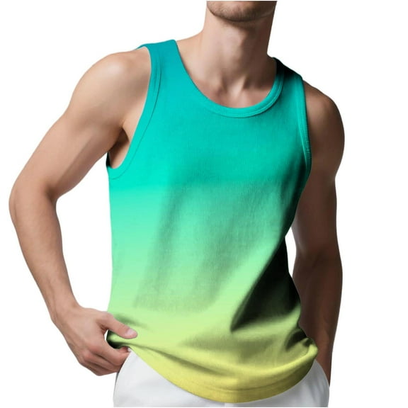 Jalioing Men's Workout Tank Tops Casual Gradient Sleeveless Crew Neck Shirt Summer Gym Sport Athletic T Shirts