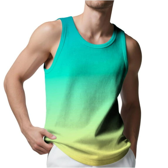 Jalioing Men's Workout Tank Tops Casual Gradient Sleeveless Crew Neck Shirt Summer Gym Sport Athletic T Shirts