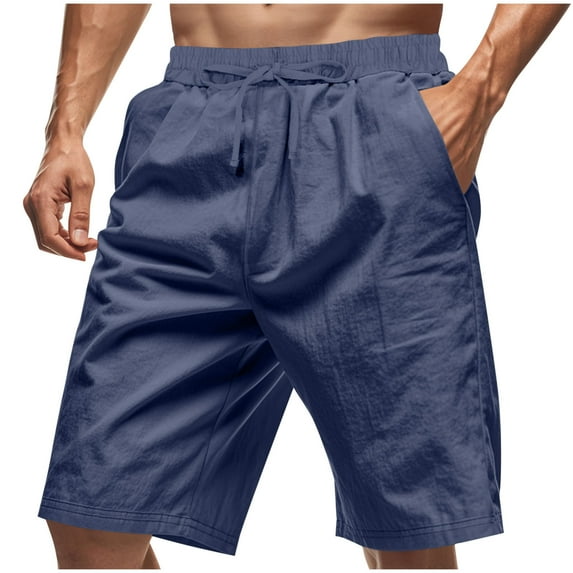 Jalioing Mens Linen Beach Shorts Casual Loose Breathable Drawstring Waist Shorts Knee Length Basic Lounge Shorts