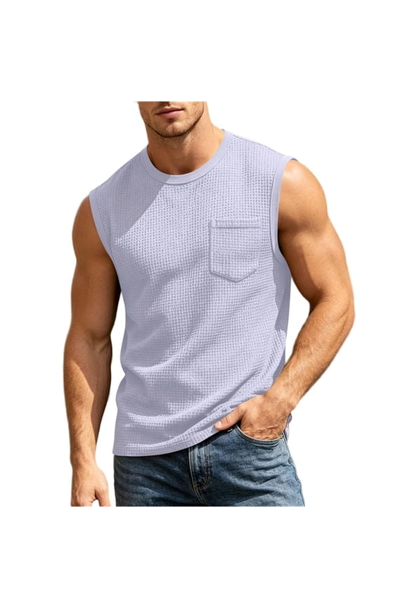 Mens Tank Tops Casual Fashion Sleeveless Crew Neck Shirts with Pocket Solid Color Vintage Texture Tops with Pocket