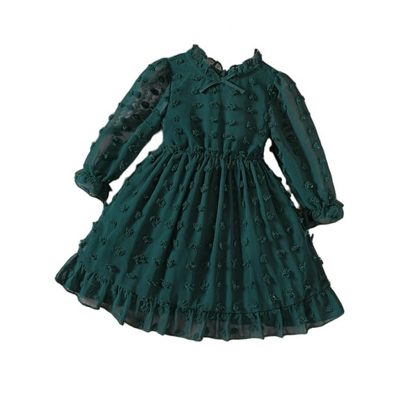 Jalioing Mesh Ruffle Dresses for Child Girl Spring Long Sleeve Flowy Skirts Dressy Cinch Waist Girls Dress (7-8 Years, Green)