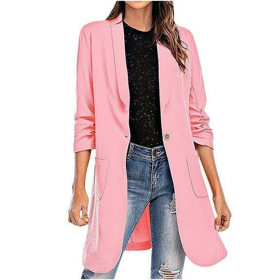Jalioing Mid-Lenth Blazer for Women Open Front Lapel Solid Color Long Sleeve Dressy Elegant Long Cardigan (Small, Pink)